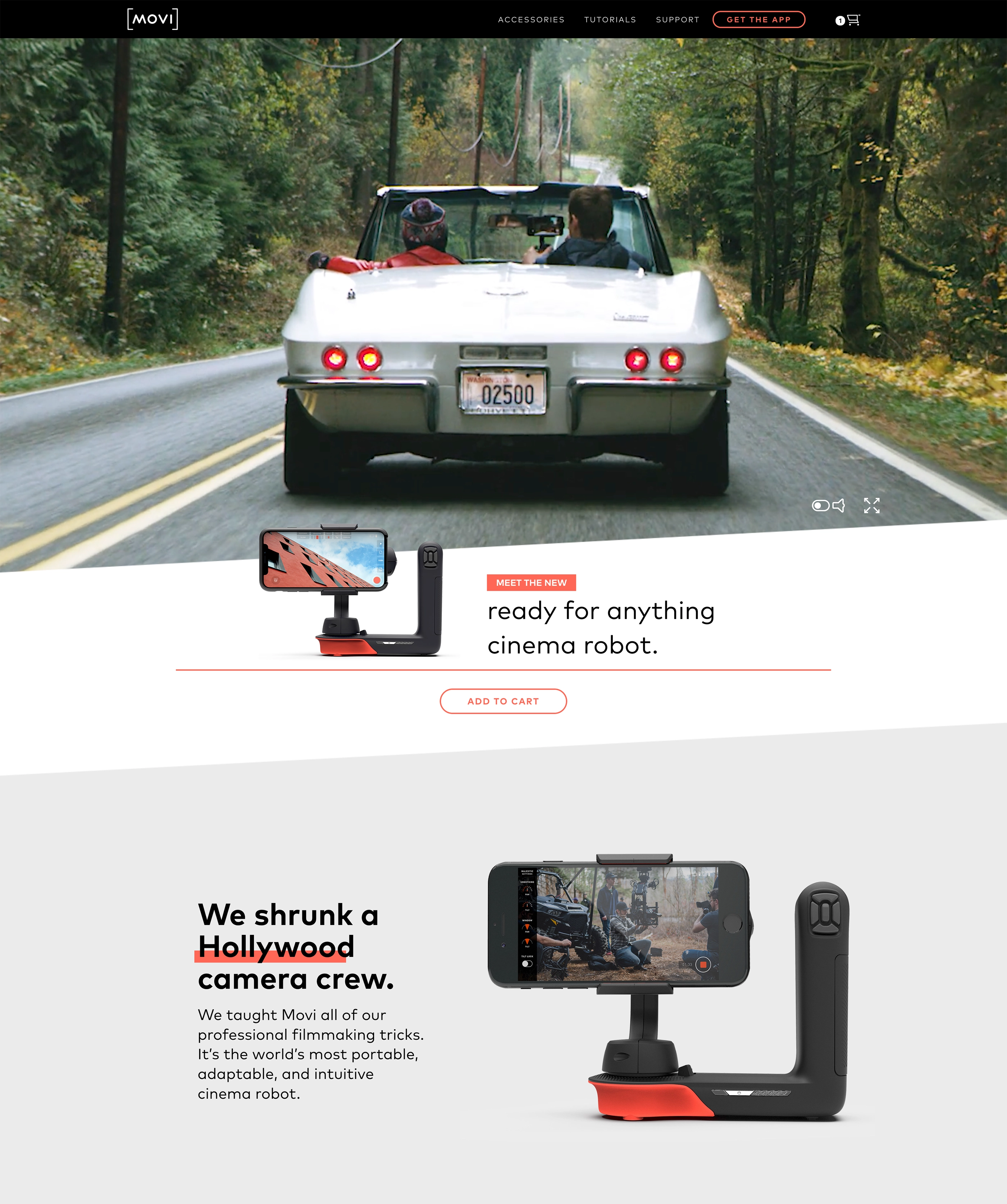 GoMovi website, full-length screenshot 1 of 5: hero and the We shrunk a Hollywood camera crew section