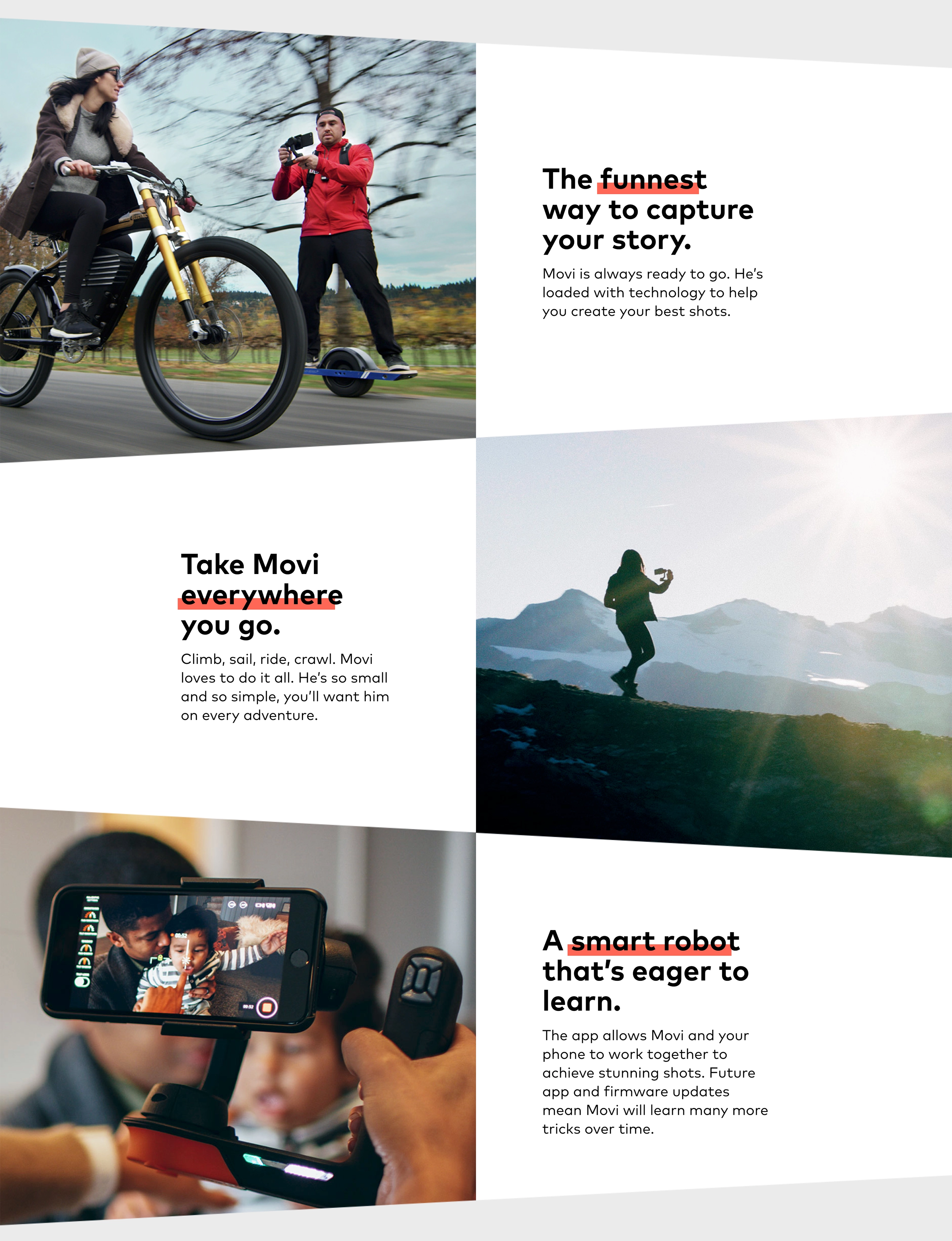 GoMovi website, full-length screenshot 2 of 5: lifestyle sections on capturing your story anywhere