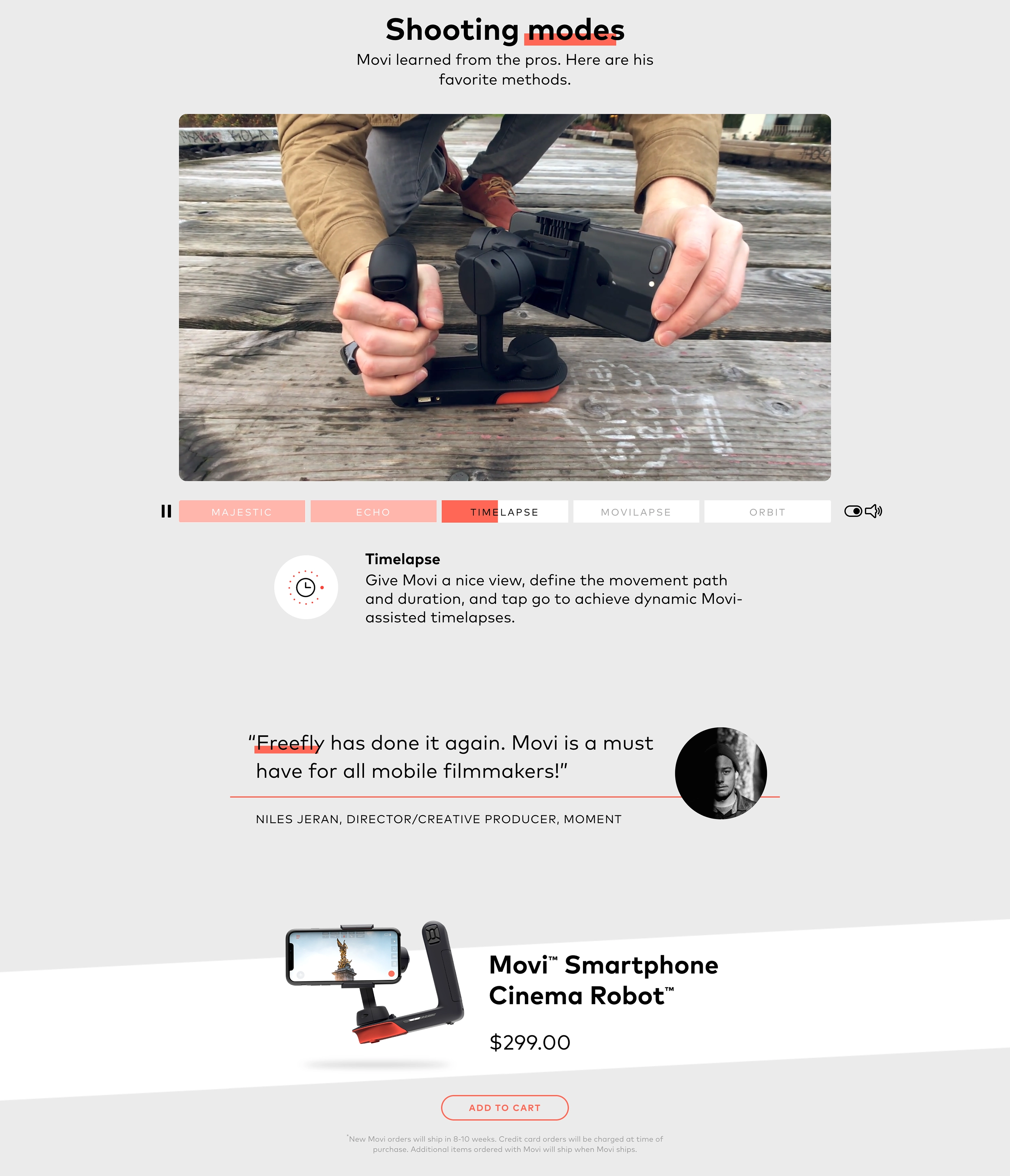 GoMovi website, full-length screenshot 4 of 5: Shooting modes, a testimonial, and the product listing