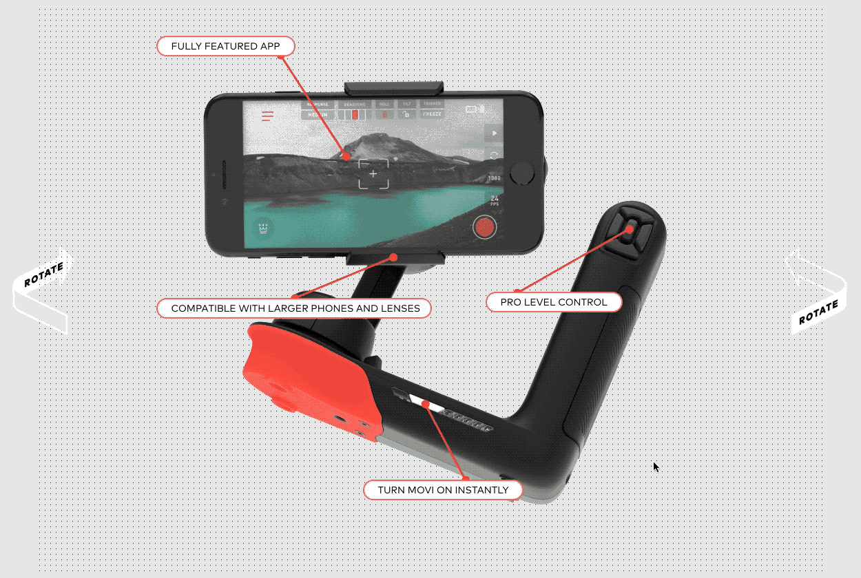 Animated exploded view of the Movi with its parts and features called out