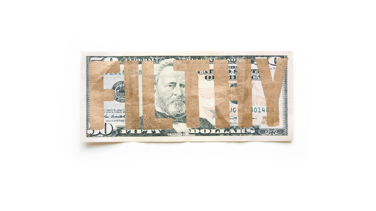 Animated flip of a fifty-dollar bill letterpressed with the word FILTHY in gold