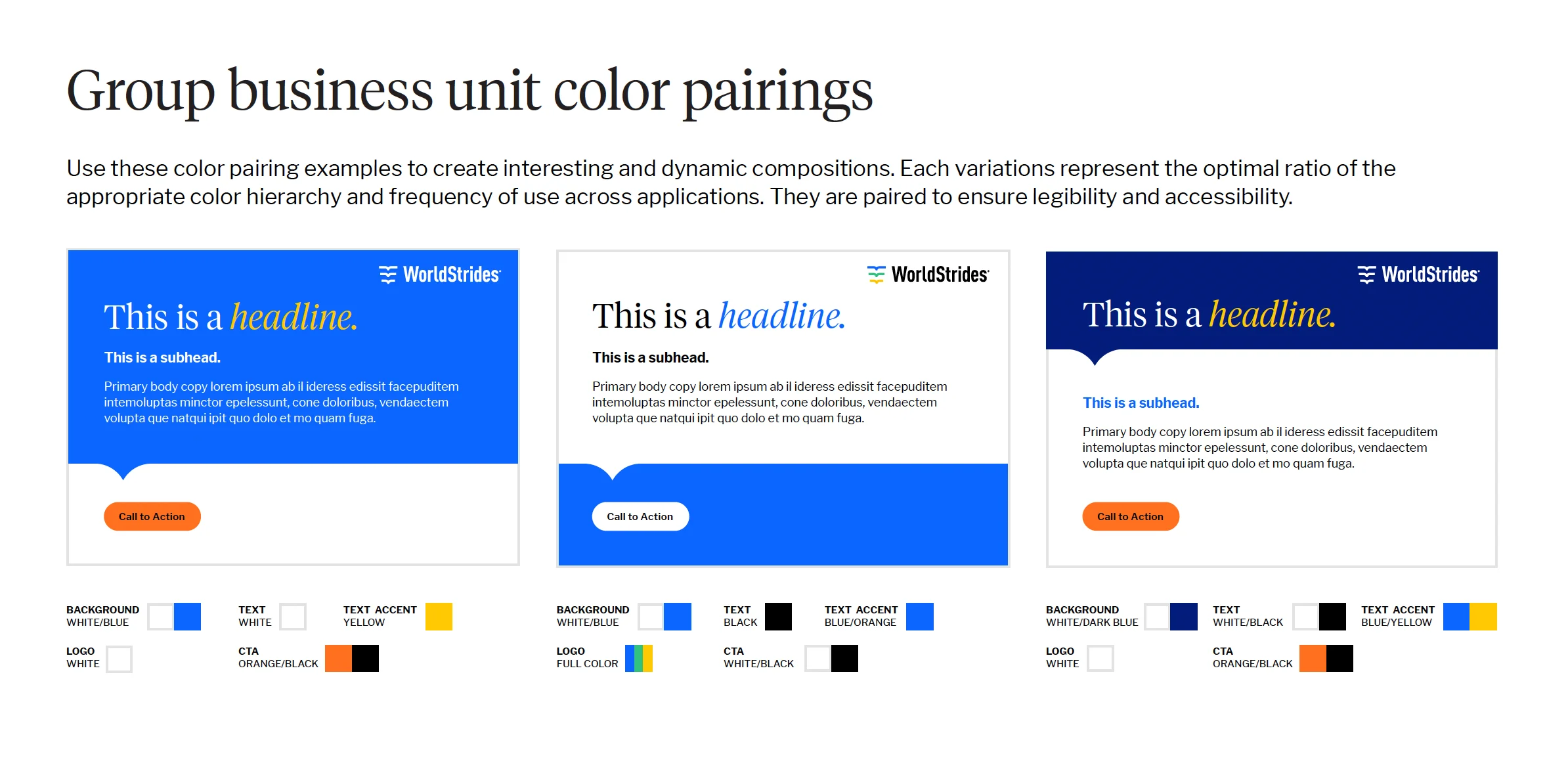 Spread showing headline layout guidelines with business-unit color pairings