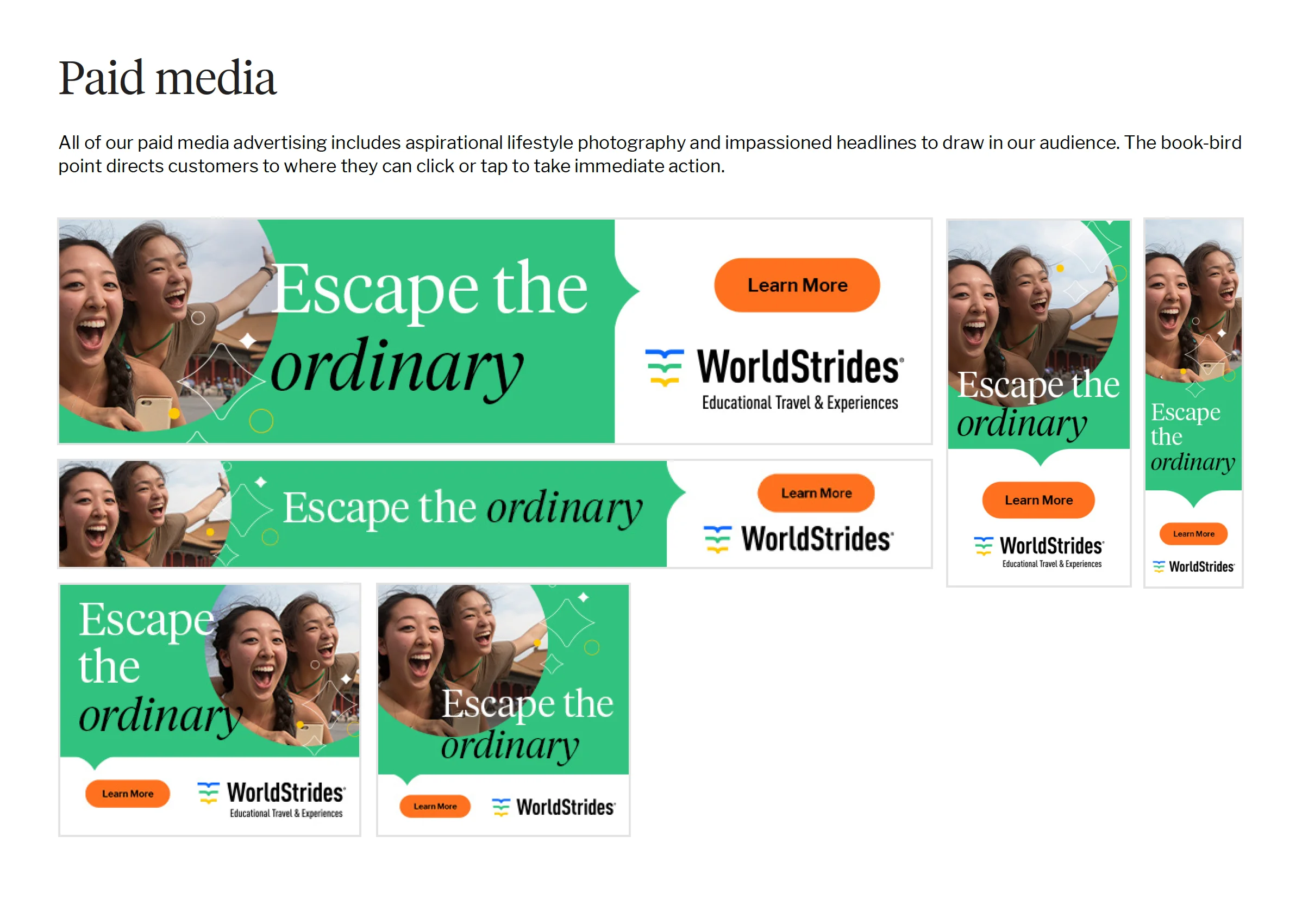 Paid media spread with WorldStrides ad examples reading Escape the Ordinary