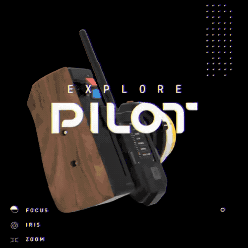 Animated Freefly Pilot graphic showing the focus-pulling device with the Explore Pilot wordmark and Focus, Iris, Zoom controls